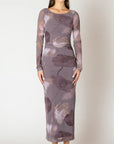 MAUVE FLORAL, PRINTED MESH MAXI DRESS