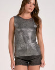 BLACK KNIT SLVLESS SWEATER W/SILVER WAXED DETAIL