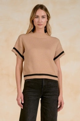 TAN SHORT SLV SWEATER W/BLACK DETAIL