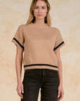 TAN SHORT SLV SWEATER W/BLACK DETAIL