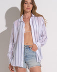STRIPED GRAPHIC BUTTON-UP SHIRT/COVERUP