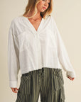 LACE TRIMMED BUTTON-DOWN SHIRT/WHITE