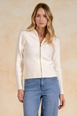 OFF WHITE ZIP-UP SWEATER W/BIG COLLAR