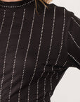 IT2766- Pinstripe Rhinestone Mock Neck Long Sleeve Top: Black/Silver