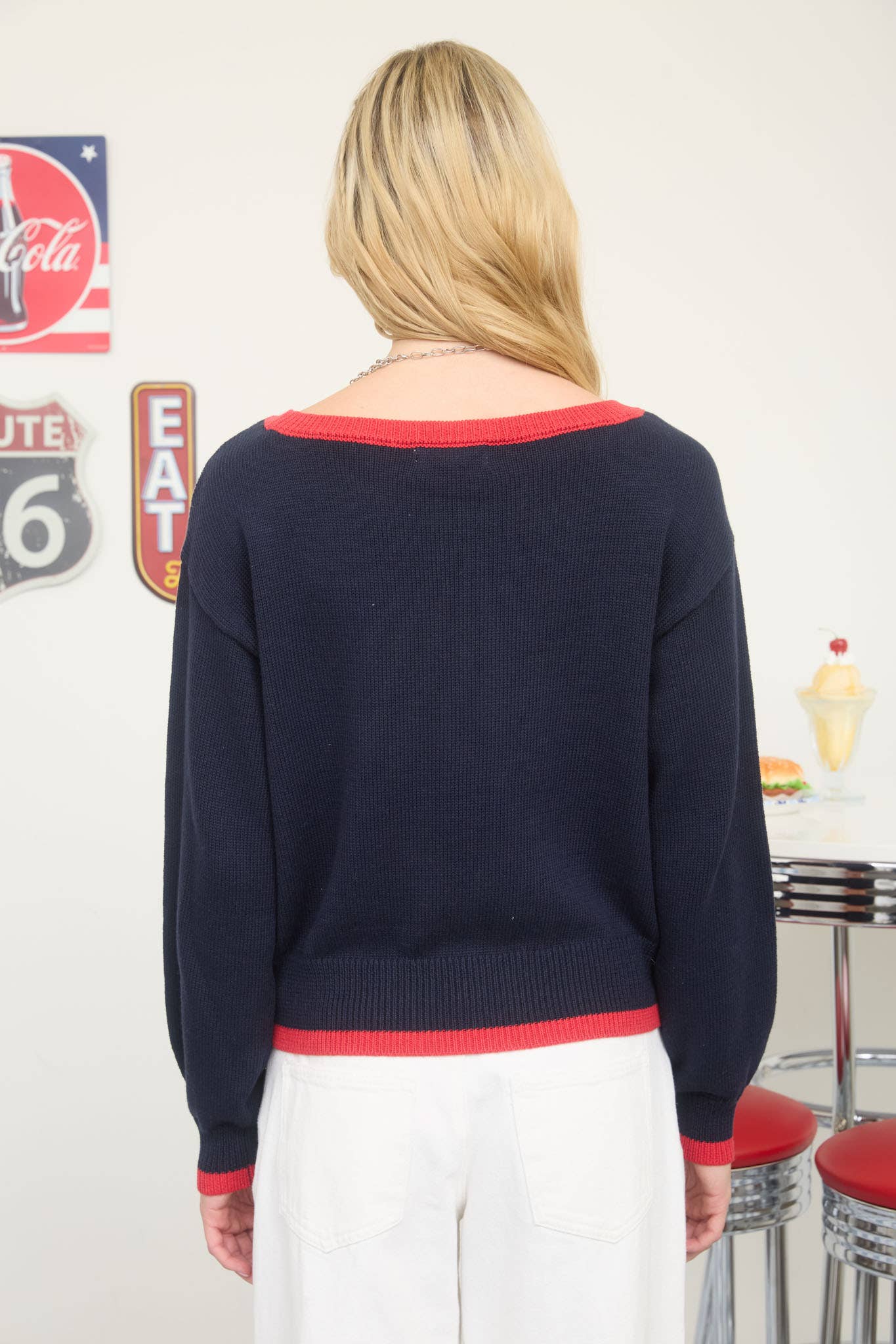 CONTRAST TRIM AMERICAN FLAG KNIT PULLOVER SWEATER : IVORY