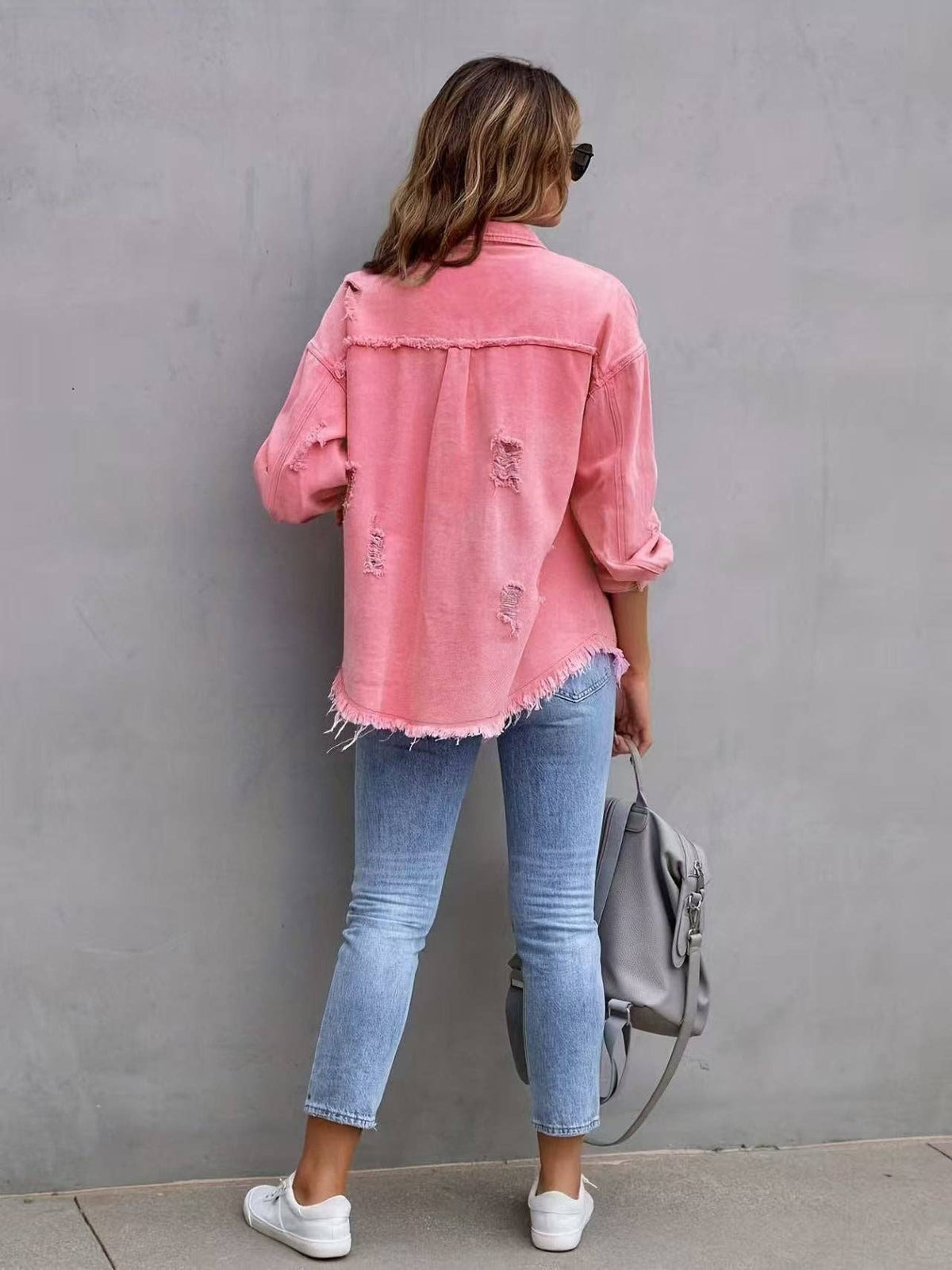 Hot Pink Distressed Denim Jacket Oversized Button Down: Khaki / 65% Cotton+35% Polyester / L