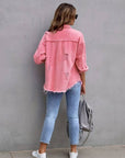 Hot Pink Distressed Denim Jacket Oversized Button Down: Khaki / 65% Cotton+35% Polyester / L