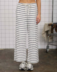 STRIPE DRAWSTRING WIDE LEG KNIT LOUNGE PANTS: NAVY