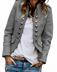 Military Button Front Jacket with Stand Collar: Gray / 95%cotton+5%Spandex / L