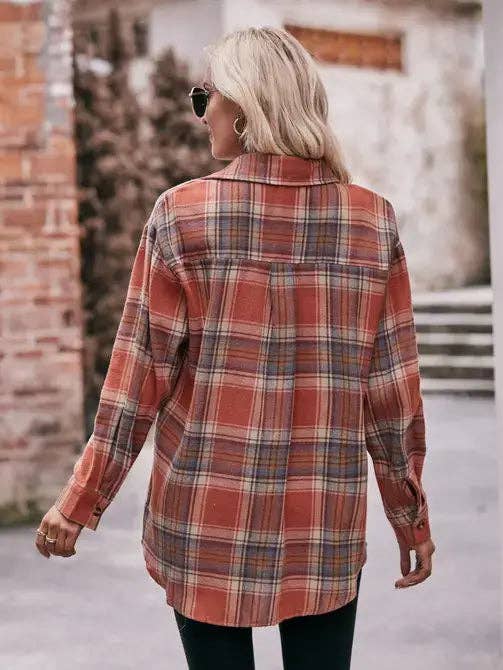 Women’s Caramel Plaid Oversized Flannel Button Down Shirt: Caramel / 100%Polyester / XL