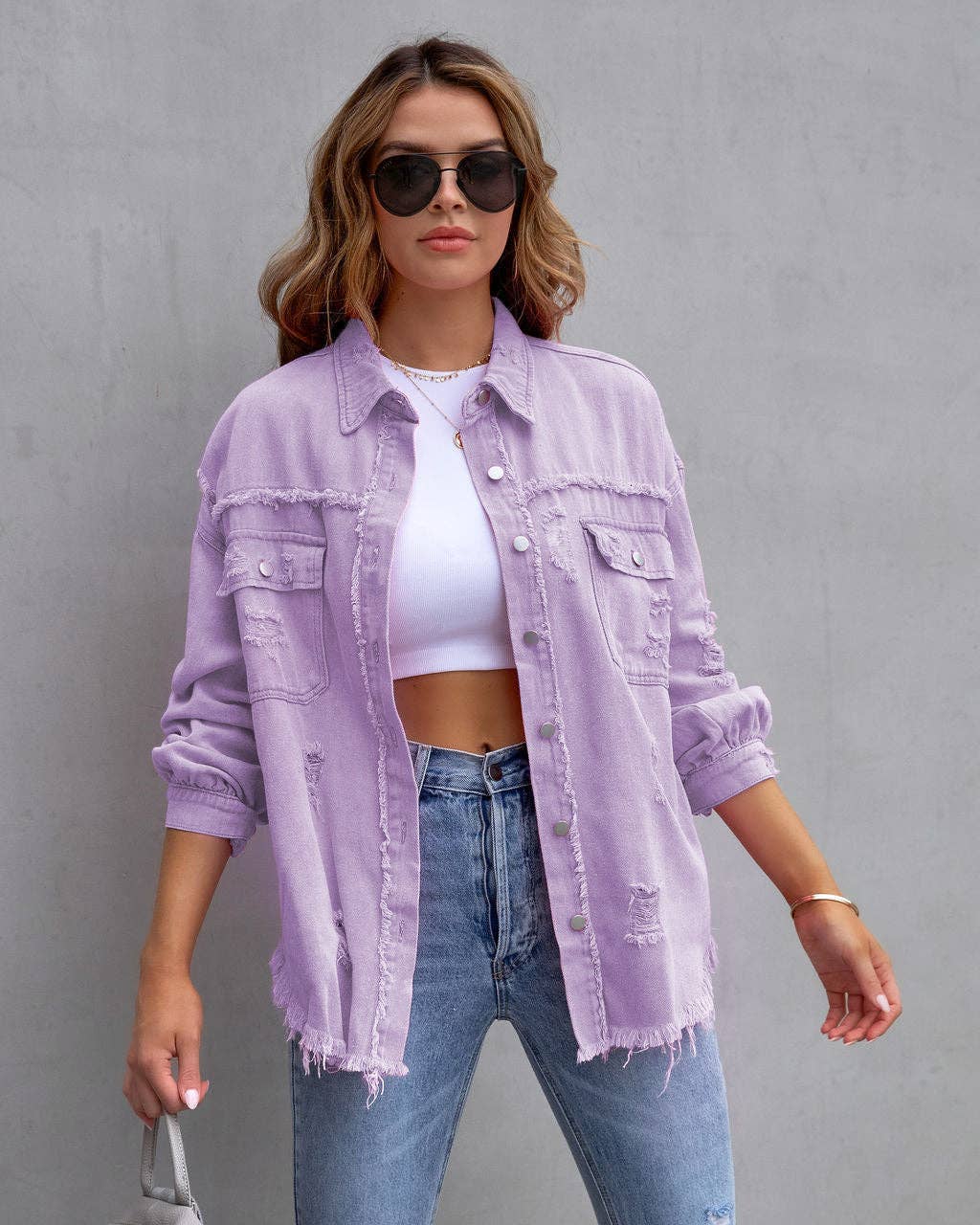 Hot Pink Distressed Denim Jacket Oversized Button Down: Light Gray / 65% Cotton+35% Polyester / S