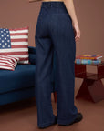 Wide-leg denim pants W/front seam detailing