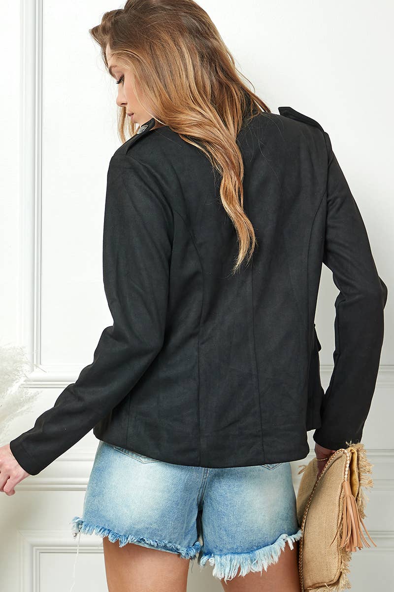 Fashion Pure Color Long Sleeve Jacket: Black