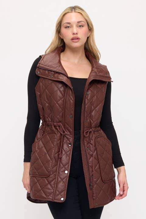 VA8021: Luxe Quilted Faux Leather Vest: Brown / S