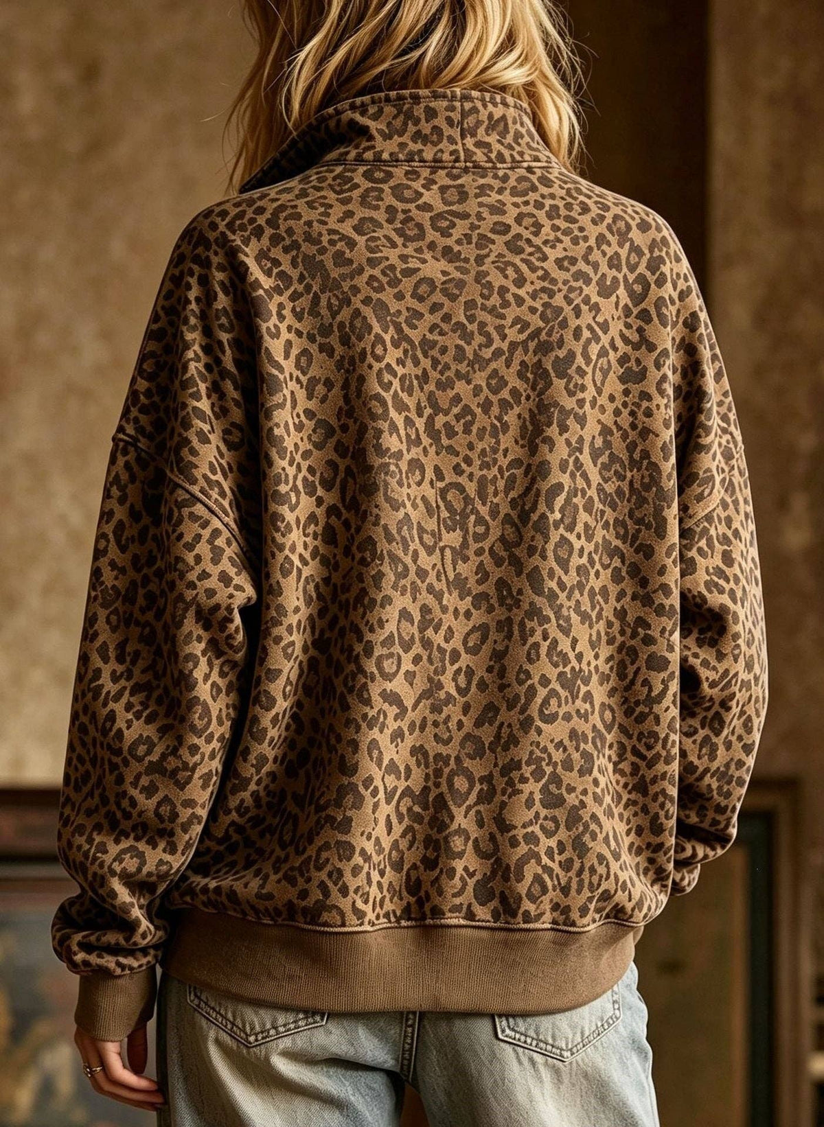 Leopard Print Half Zip Oversized Pullover Sweatshirt: Coffee / 95%Polyester+5%Elastane / S