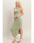 Acid Washed Ribbed Midi Tank Dress: SAGE GREEN / S-M-L(2-2-2)