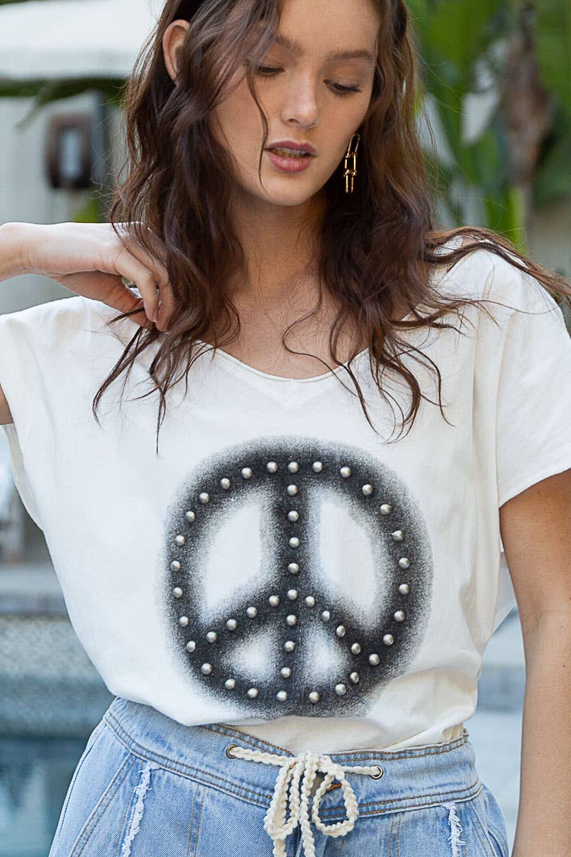 Dropped short sleeve studded peace emblem tee