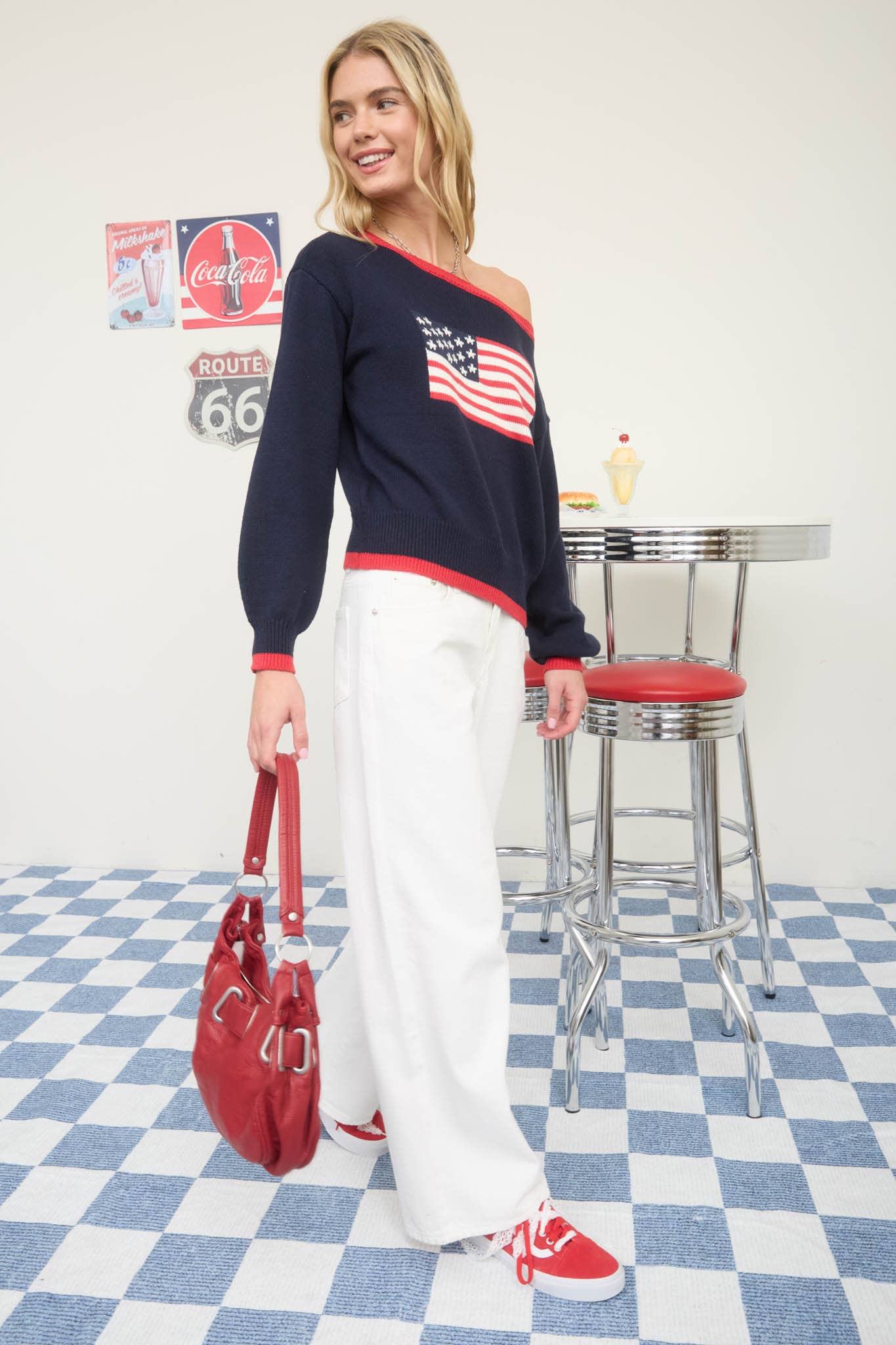 CONTRAST TRIM AMERICAN FLAG KNIT PULLOVER SWEATER : NAVY