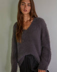 Knit Sweater Nylon Acrylic Ribbed V-Neck Pullover: Charcoal