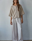 Knit Sweater Quarter Sleeve Button Up Cardigan Top/Light Mocha