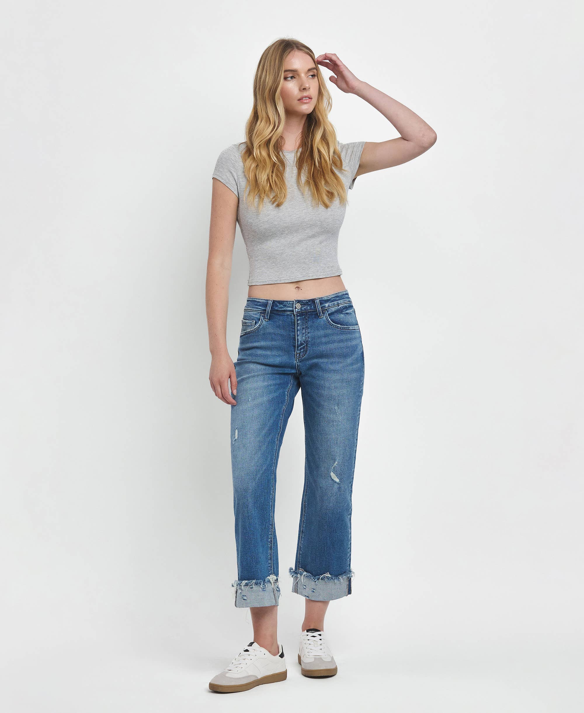 MID RISE RAW CUFFED HEM SLIM WIDE JEANS F5861: FOUR SEASON