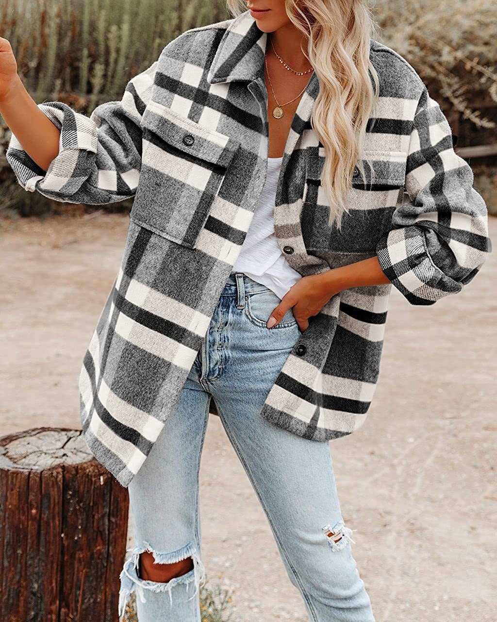 Women's Plaid Button Down Flannel Shirt Jacket – Cozy &amp; Stylish: Black and white grid / 100%Polyester / XL