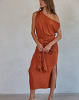 Knit Lurex One Shoulder Sleeveless Midi Dress: Rust