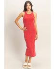 Acid Washed Ribbed Midi Tank Dress: RED / S-M-L(2-2-2)