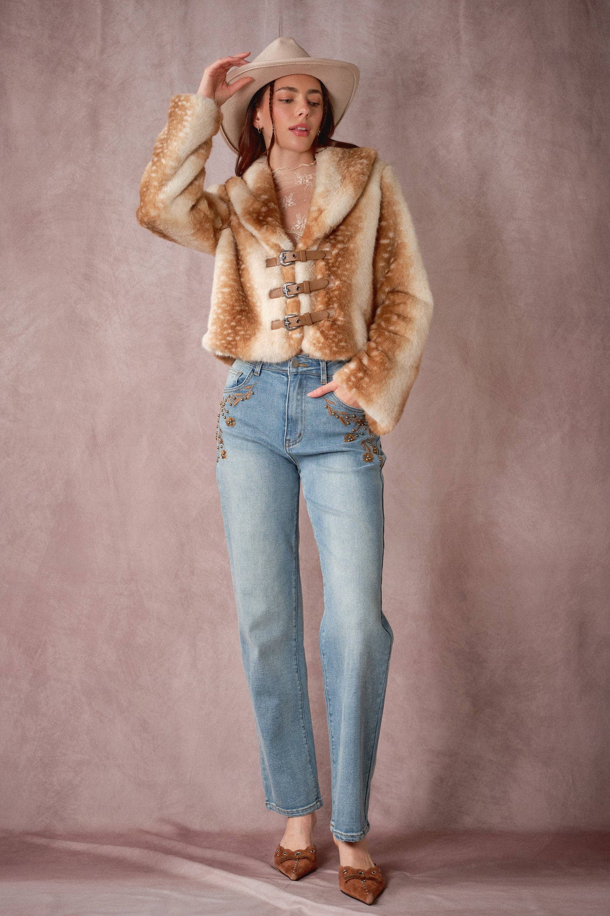 25004J Buckled Deer Print Faux Fur Jacket: DEER FUR / S-M-L (2-2-2)