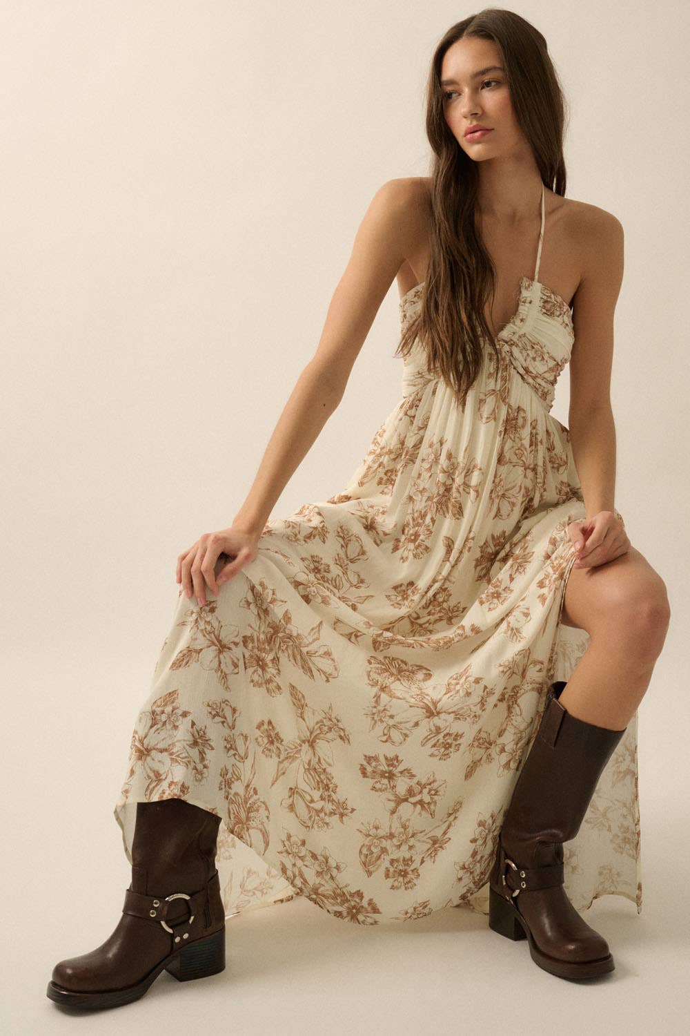 Floral-Print Crepe Tie-Back Halter Maxi Dress: TAUPE No Roots Boutique Floral-Print Crepe Tie-Back Halter Maxi Dress: TAUPE No Roots Boutique