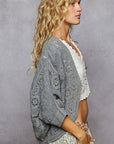 V-neck crochet woven roomy fit cardigan top- GREY