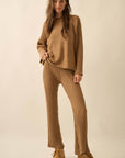 Textured Knit Ribbed-Sleeve Rolled-Edge Sweater: Taupe