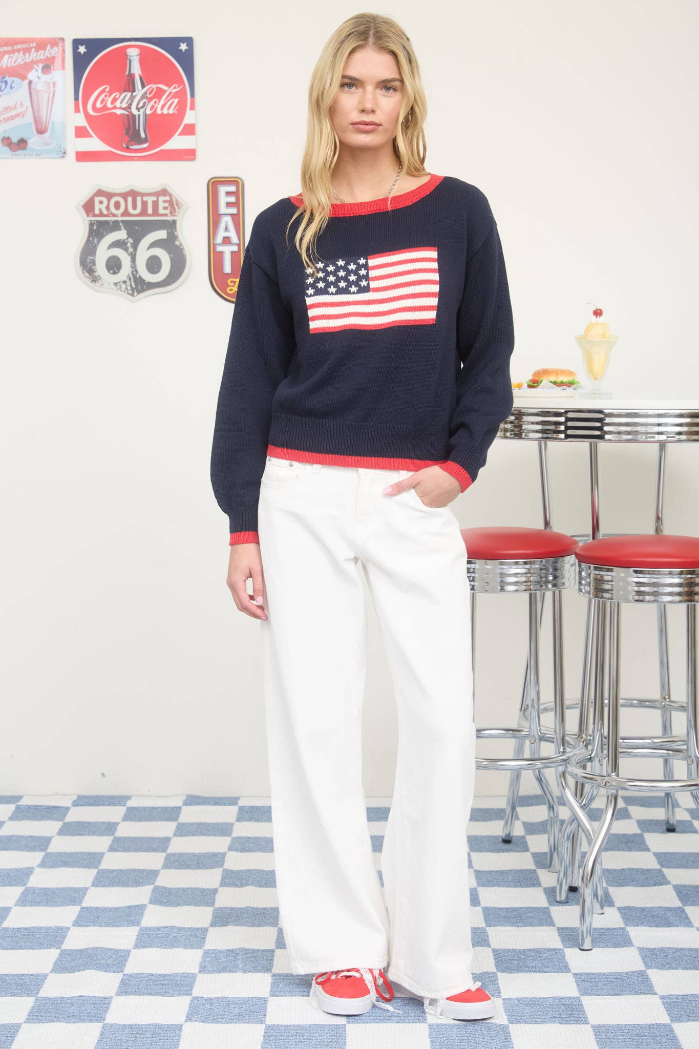 CONTRAST TRIM AMERICAN FLAG KNIT PULLOVER SWEATER : IVORY
