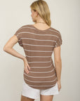 STRIPE V NECK CUFFED SHORT SLEEVE KNIT TOP: CREAM
