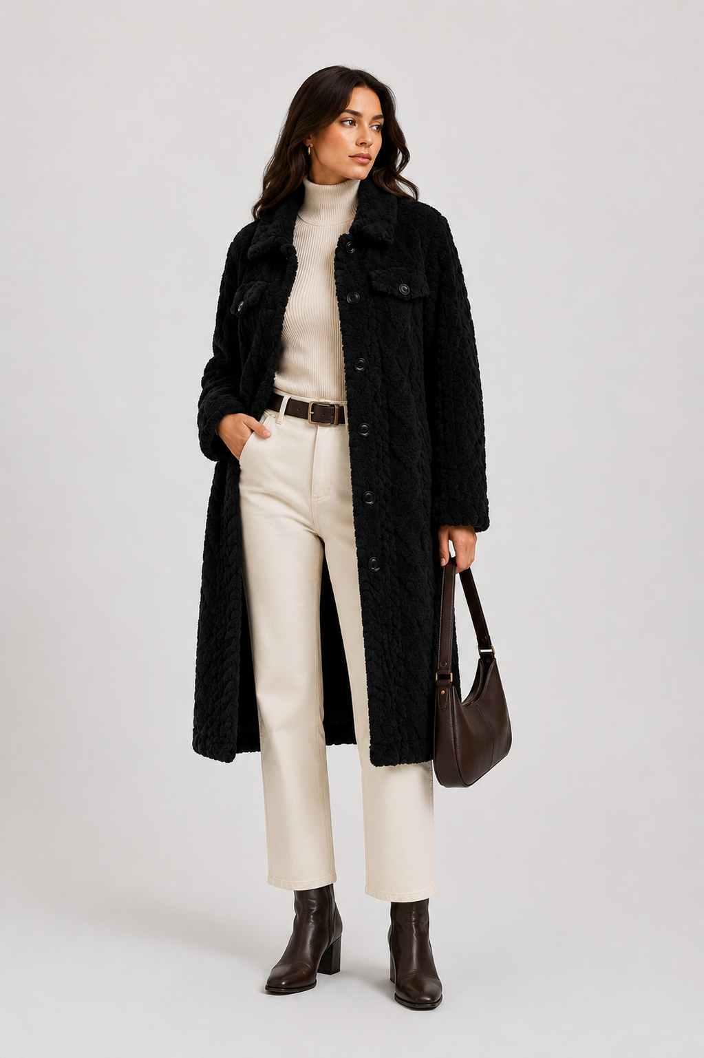 FJ0182: Quilted Sherpa Long Button Jacket: Khaki / S