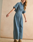 CHAMBRAY DENIM BUTTON DOWN JUMPSUIT: DENIM