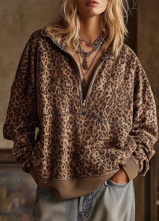 Leopard Print Half Zip Oversized Pullover Sweatshirt: Coffee / 95%Polyester+5%Elastane / S