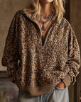 Leopard Print Half Zip Oversized Pullover Sweatshirt: Coffee / 95%Polyester+5%Elastane / S