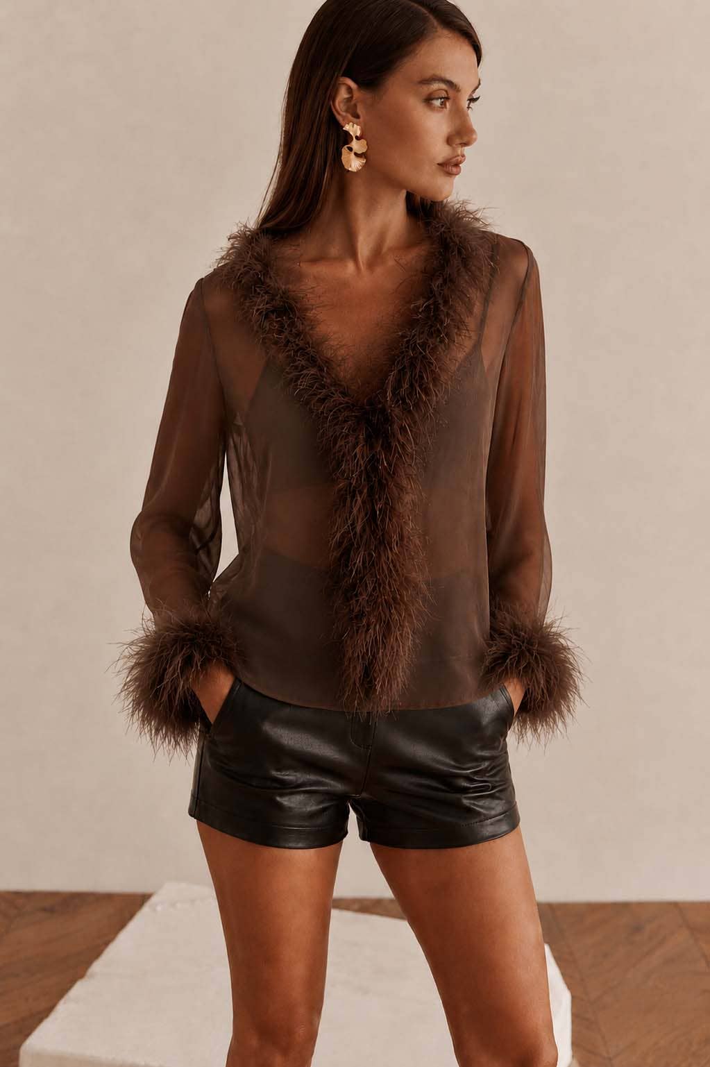 FEATHER TRIM LONG SLEEVE TOP