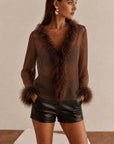 FEATHER TRIM LONG SLEEVE TOP