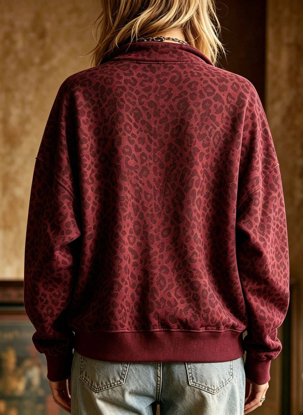 Leopard Print Half Zip Oversized Pullover Sweatshirt: Coffee / 95%Polyester+5%Elastane / S