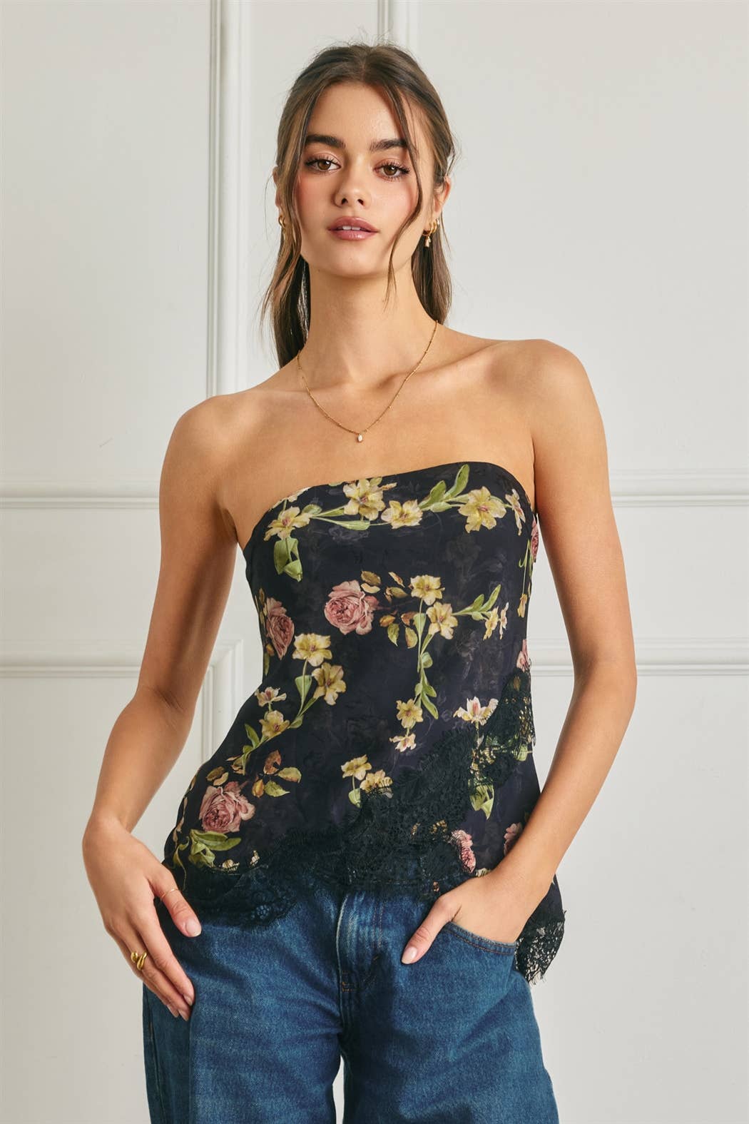 Floral Asymmetrical Lace Hem Tube Top: BLACK