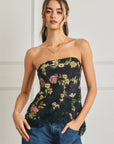 Floral Asymmetrical Lace Hem Tube Top: BLACK