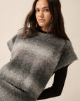 Striped Ombre Fuzzy-Knit Folded-Sleeve Sweater: Grey