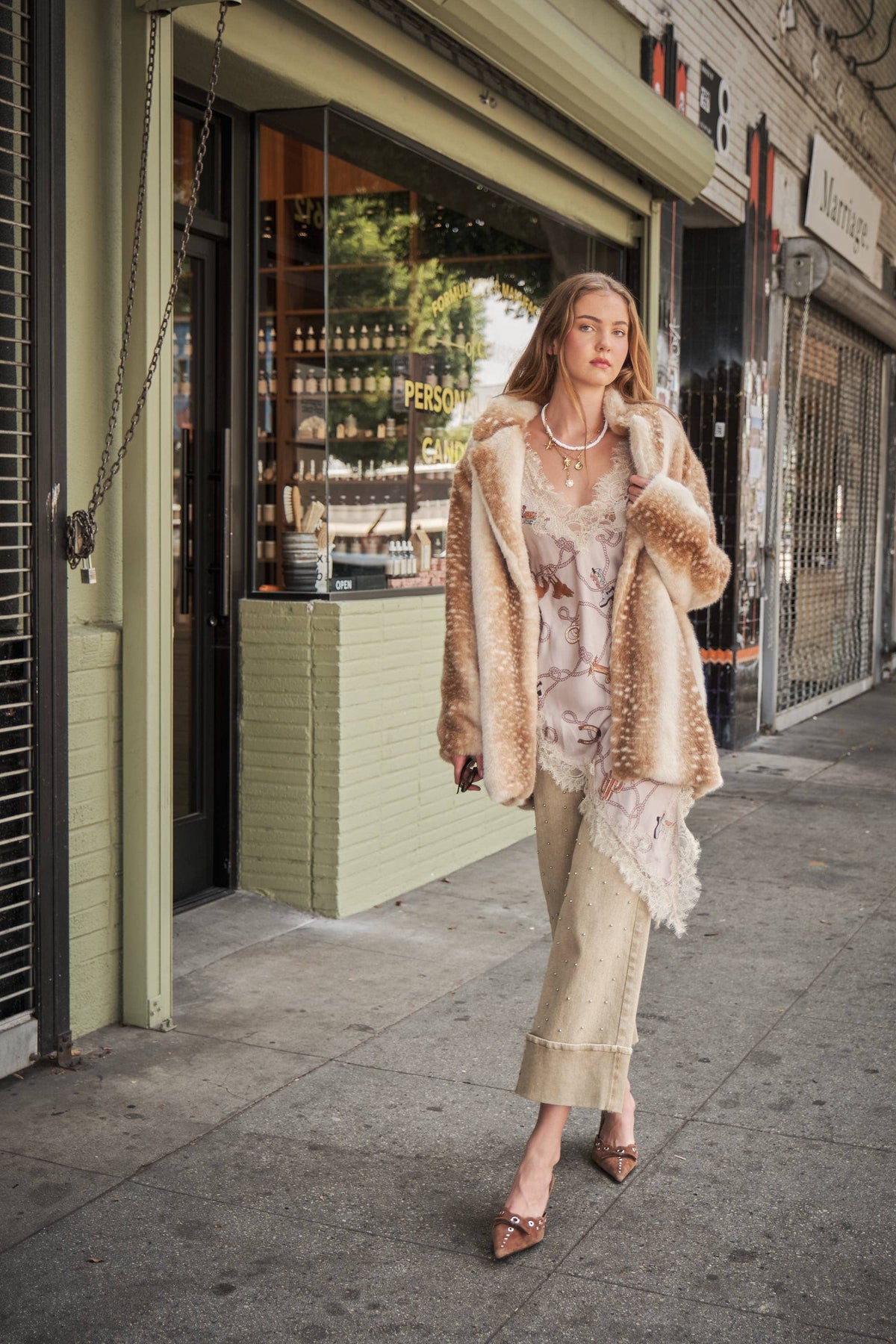 25046J Deer Print Faux Fur Coat: TAUPE / S-M-L (2-2-2)