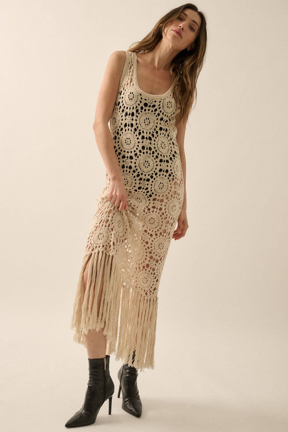 Crochet Knit Fringe-Hem Midi Tank Dress: NATURAL