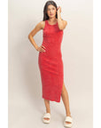 Acid Washed Ribbed Midi Tank Dress: RED / S-M-L(2-2-2)