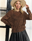 LEOPARD PRINT LONG SLEEVED CREW NECK TOP: BROWN