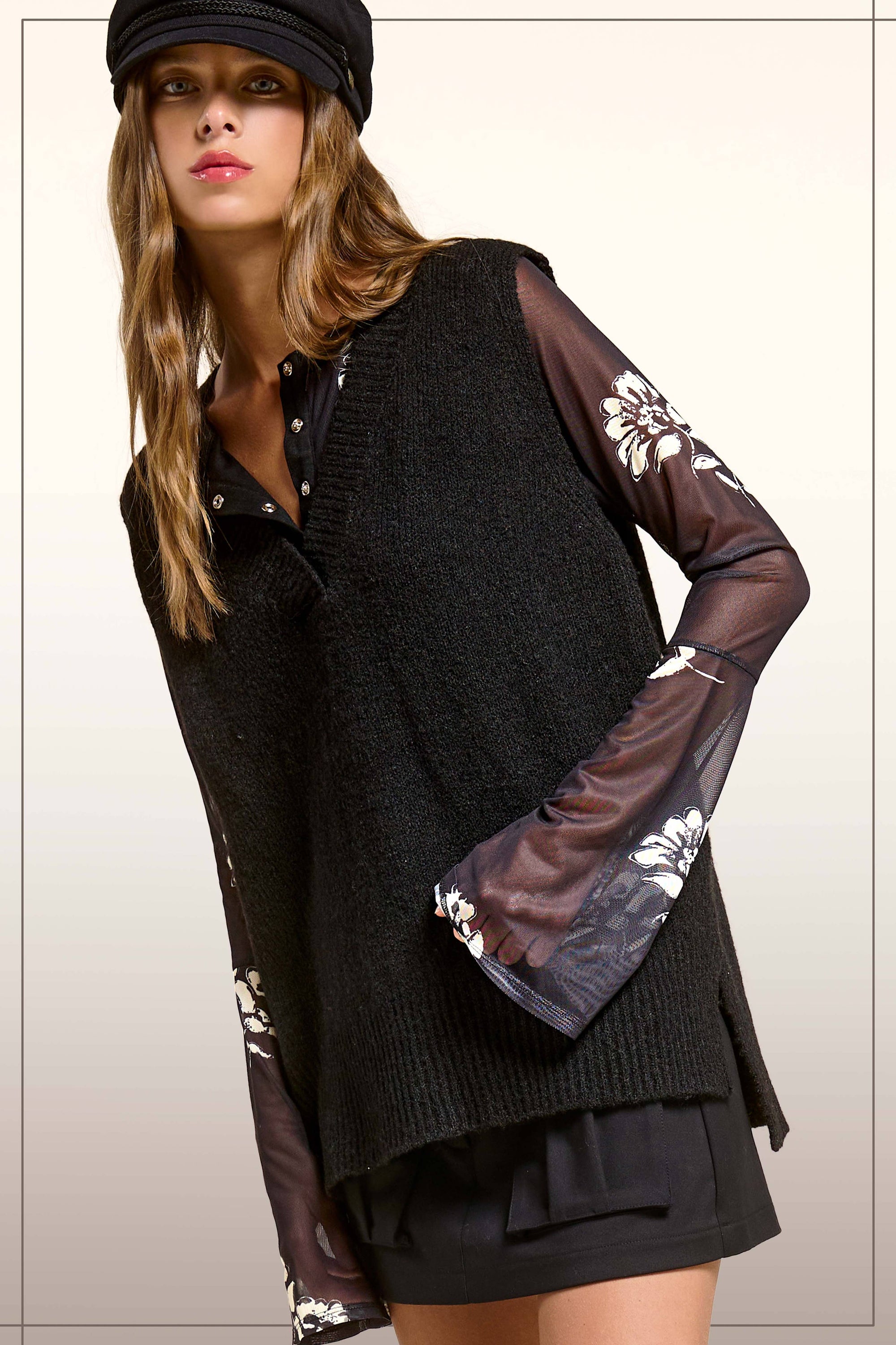 MCS3589-Oversized Soft Knit Sweater Vest with Side Slit: Black Sesame