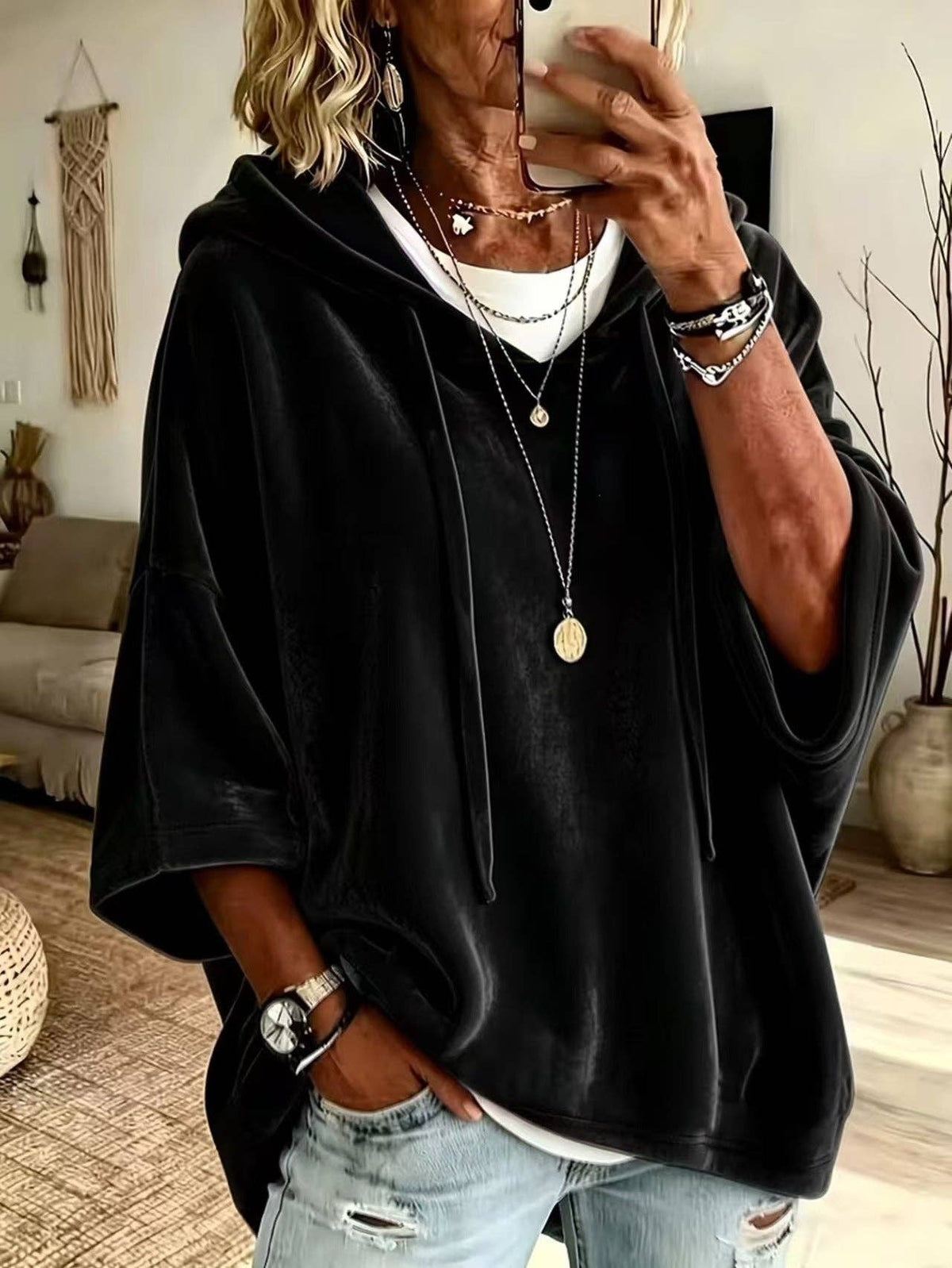 Women’s Velvet Hooded Poncho Top Oversized 3/4 Sleeve: Black / 95%Polyester+5%Elastane / XL
